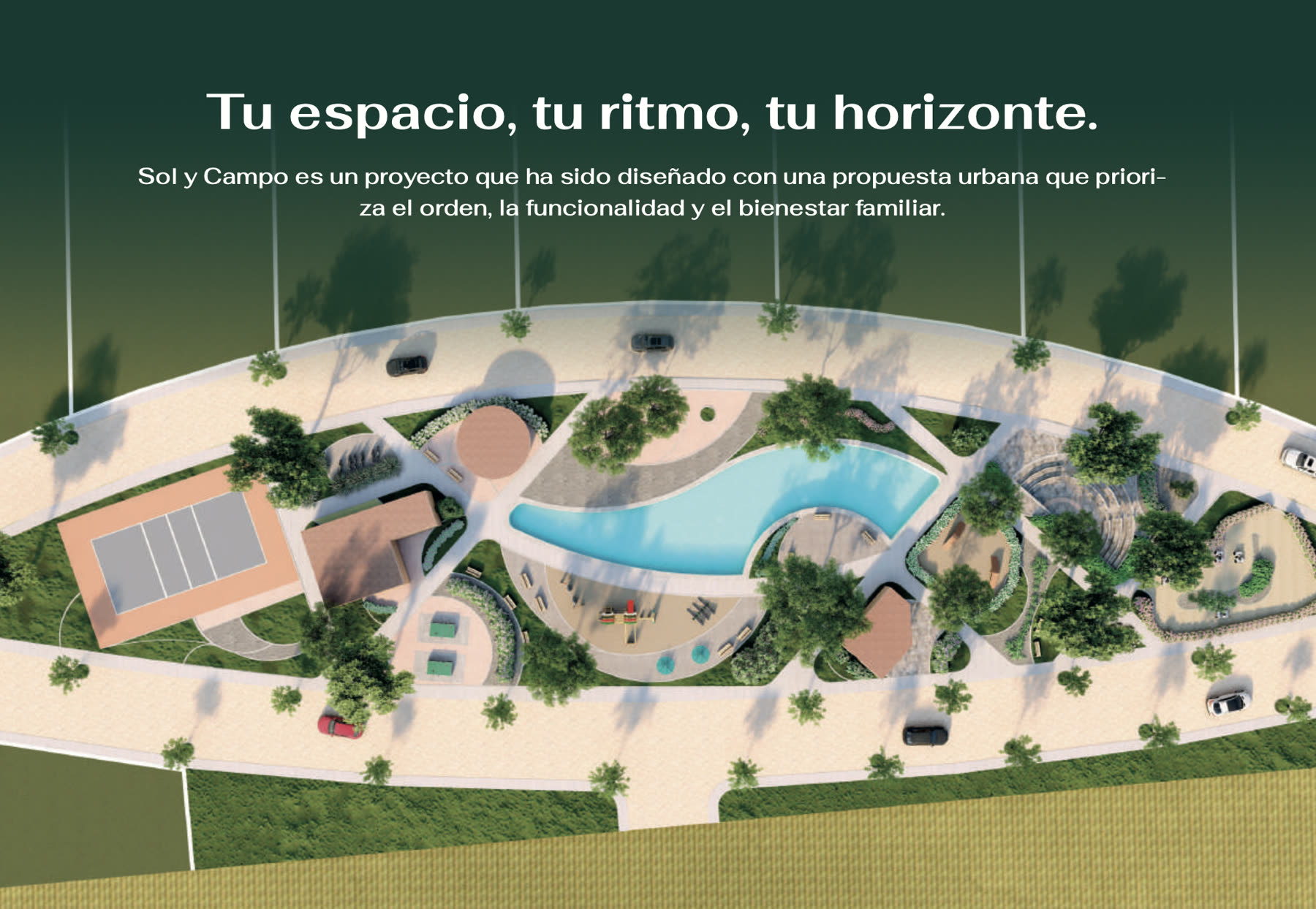 Masterplan aéreo del proyecto Sol y Campo con su mensaje de marca